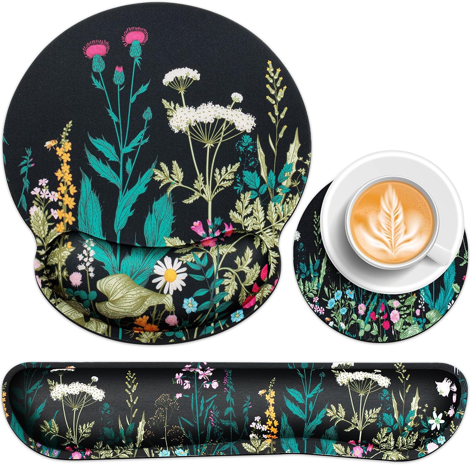 Mouse Pad with Wrist Rest Set, 3-in-1 Wrist Support Mouse Pad Set, Floral | Gaming MousePad with Anti-Skid
