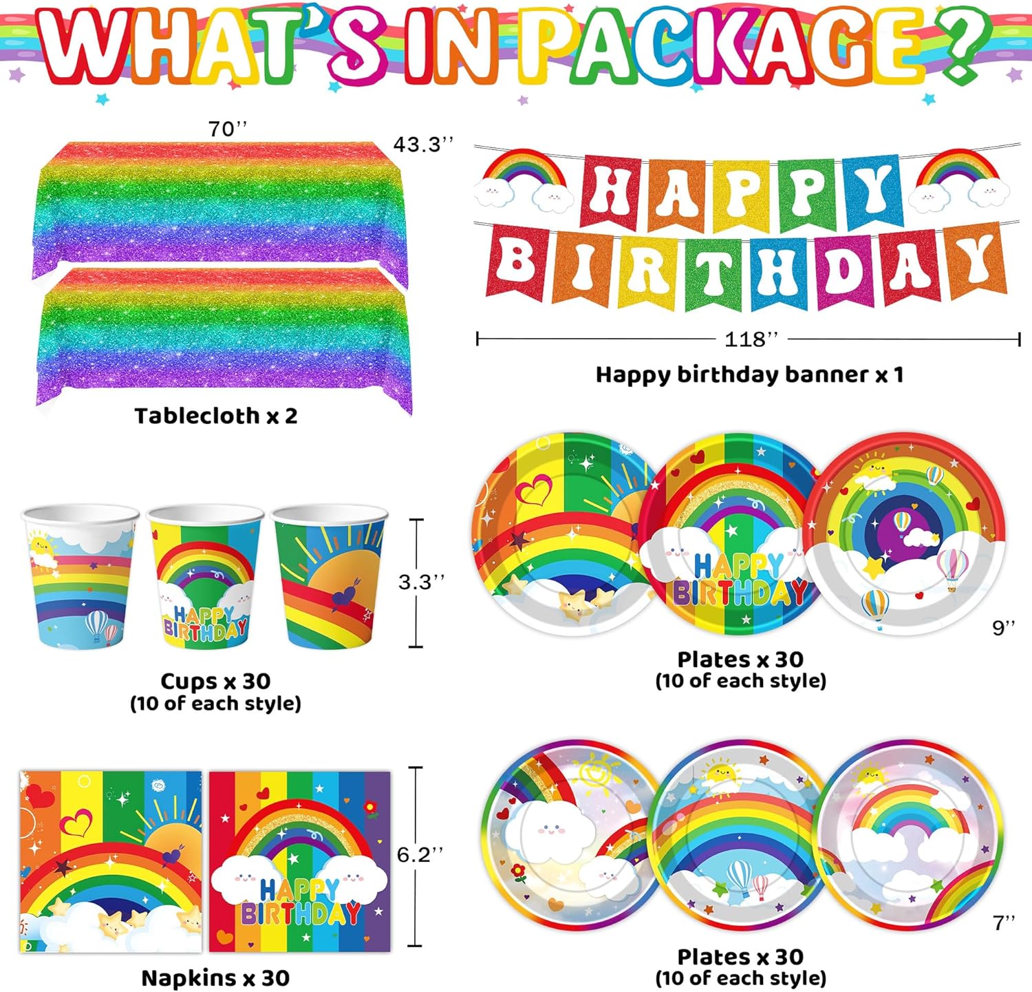 Rainbow Birthday Party Supplies Rainbow Theme Party Decorations for Boy, Include Tablecloth Banner Plate Napkin Cups