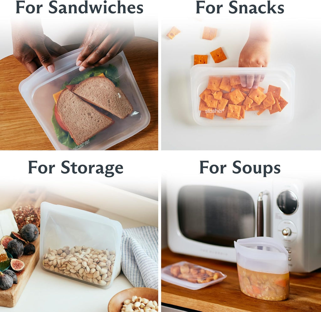 Premium Reusable Silicone Storage Bags, 4-Pack Starter Kit, Clear