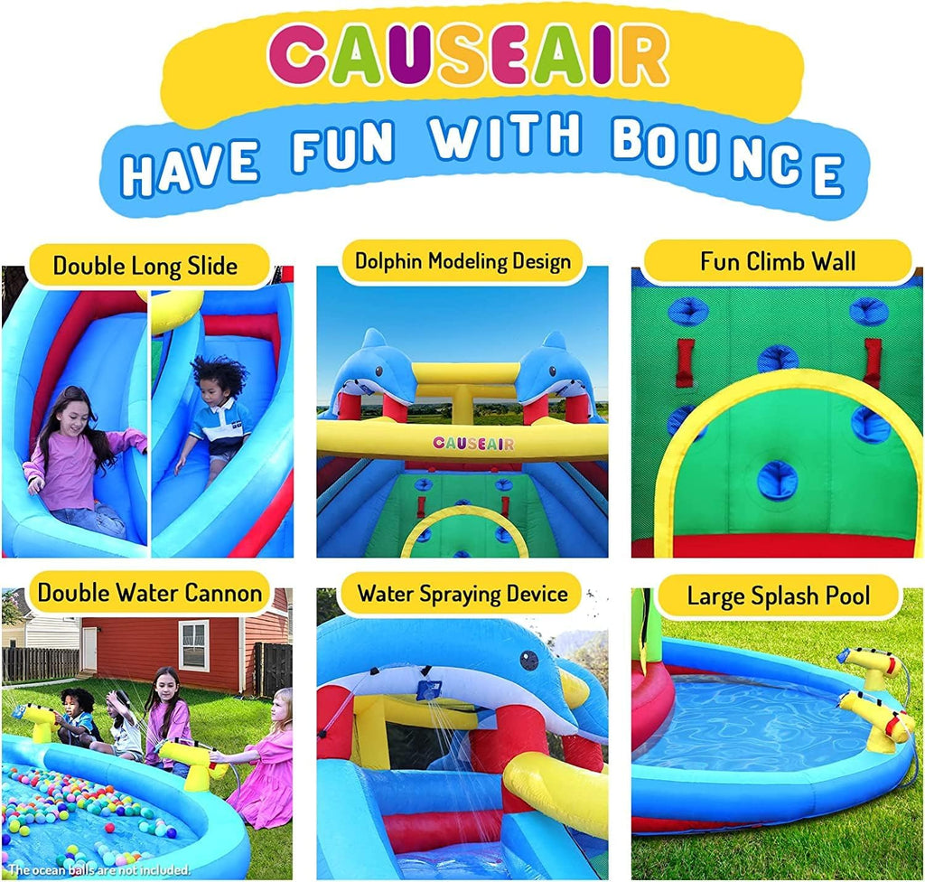 Inflatable Water Slide with Bounce House,Dolphin Styling,Splashing Pool,Double Water Cannon,Climbing Wall,Heavy Duty