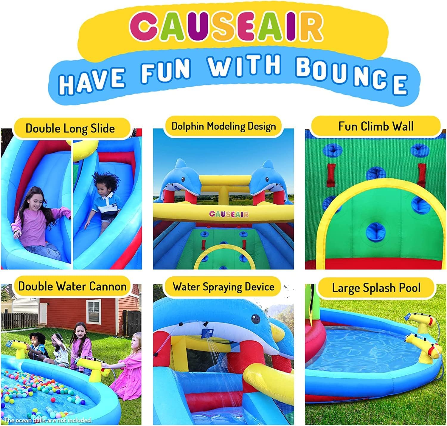 Inflatable Water Slide with Bounce House,Dolphin Styling,Splashing Pool,Double Water Cannon,Climbing Wall,Heavy Duty