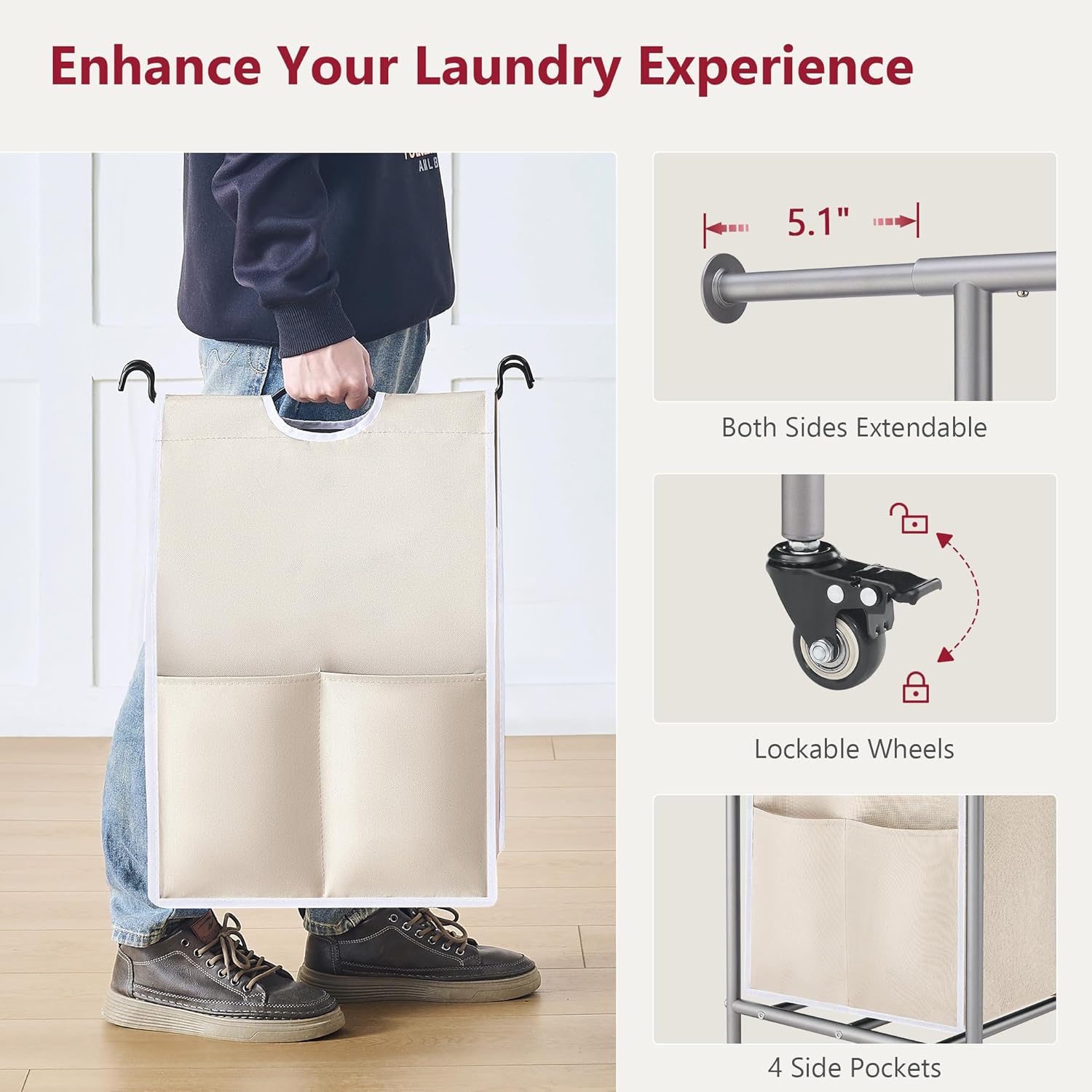 Laundry Hamper with Hanging Rack, Laundry Sorter 3 Section, Beige | 39 Gal Rolling Laundry Cart with Heavy Duty
