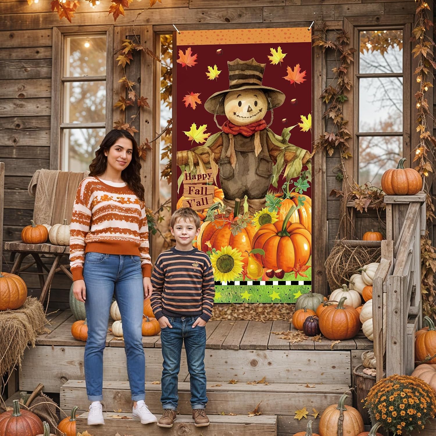 Happy Fall Y’all Door Cover for Front Door Fall Door Banner Autumn Thanksgiving Scarecrow Door Decorations Autumn