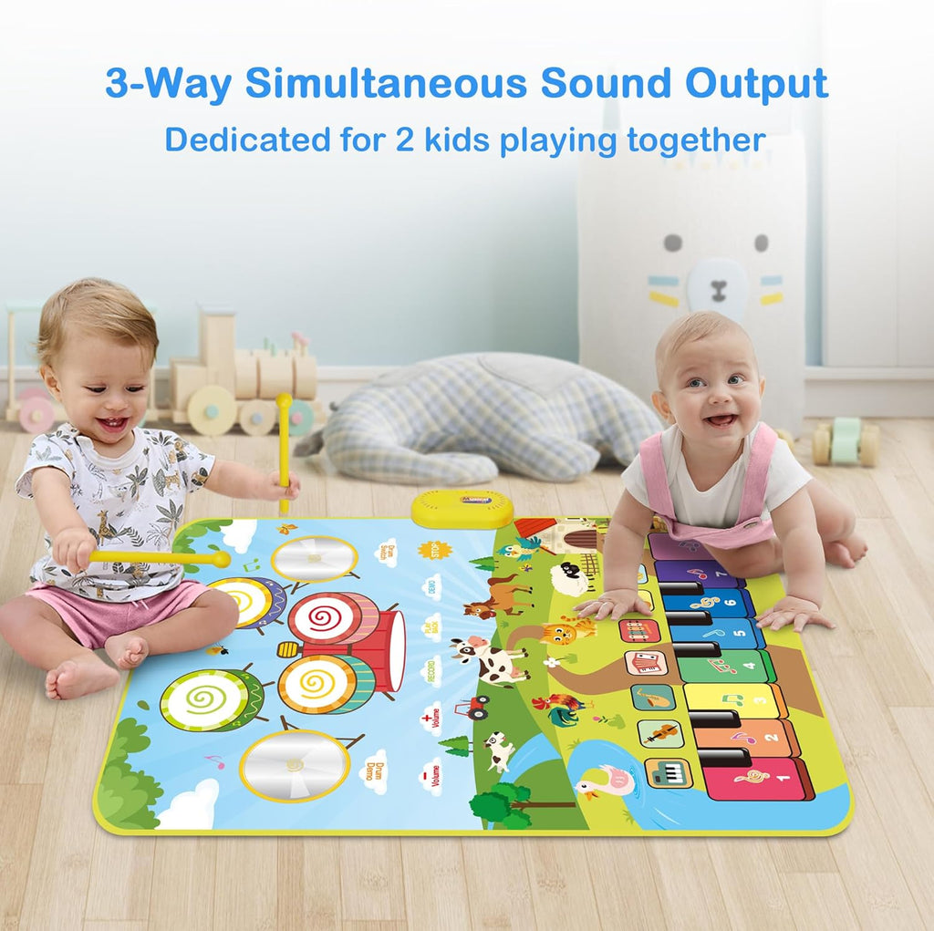 Musical Toys for Toddlers 1-3, Floor Piano Mat for Baby Boy Girl Gifts | 35”x27” 3-in-1 Drum Animal Music Play Mat