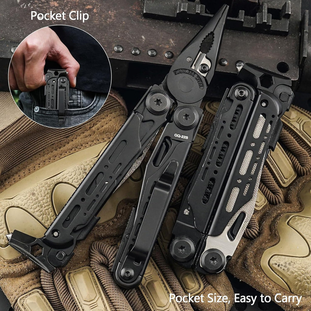 19 In 1 Pocket Multi Tool, Stainless Steel Multitools Pliers with Fire Starter and Glass Breaker, Folding EDC Camping