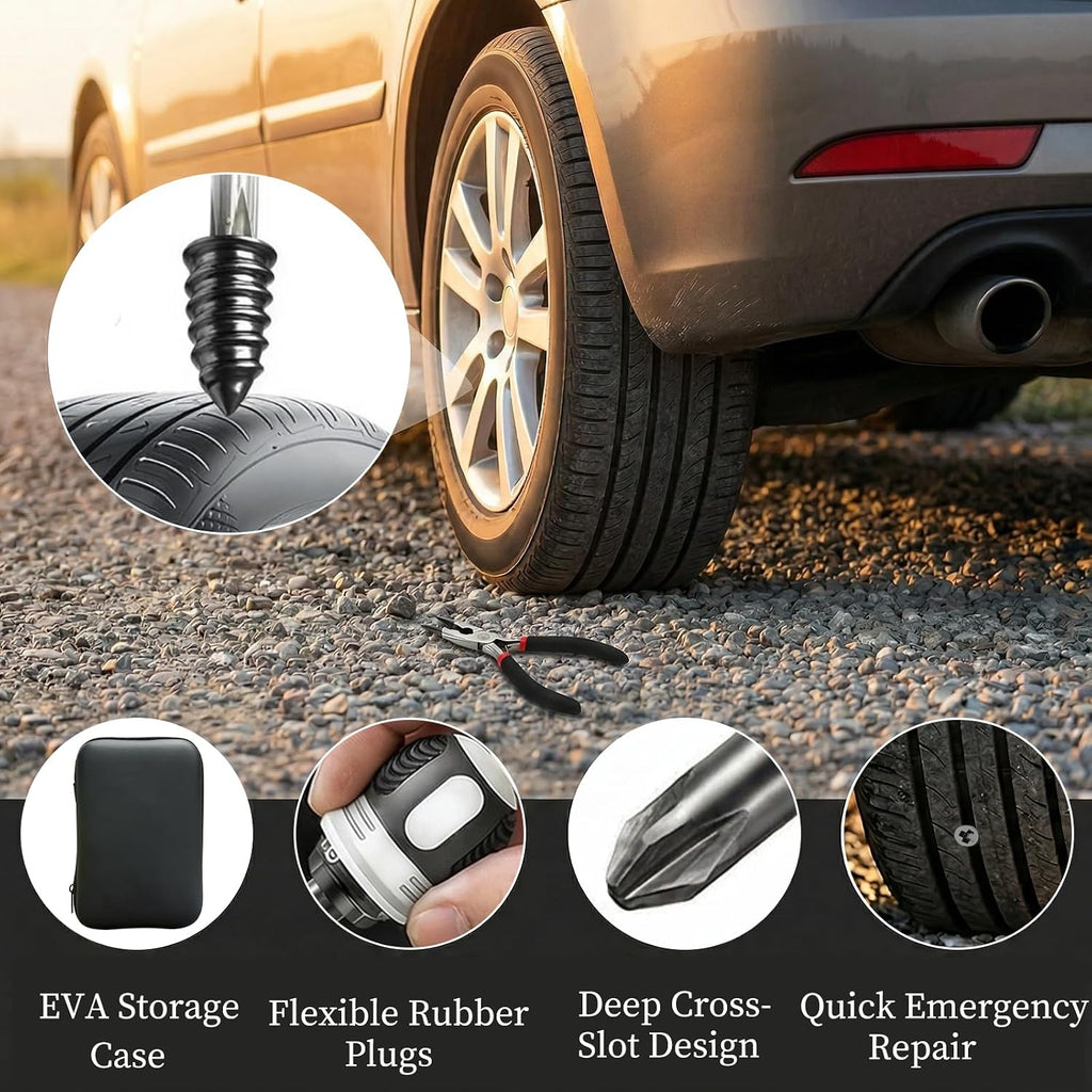 Tire Repair Kit, 60PCS Rubber Tire Repair Plugs, 3-in-1 Ratchet Tool | With Screwdriver, Needle Nose Pliers & EVA