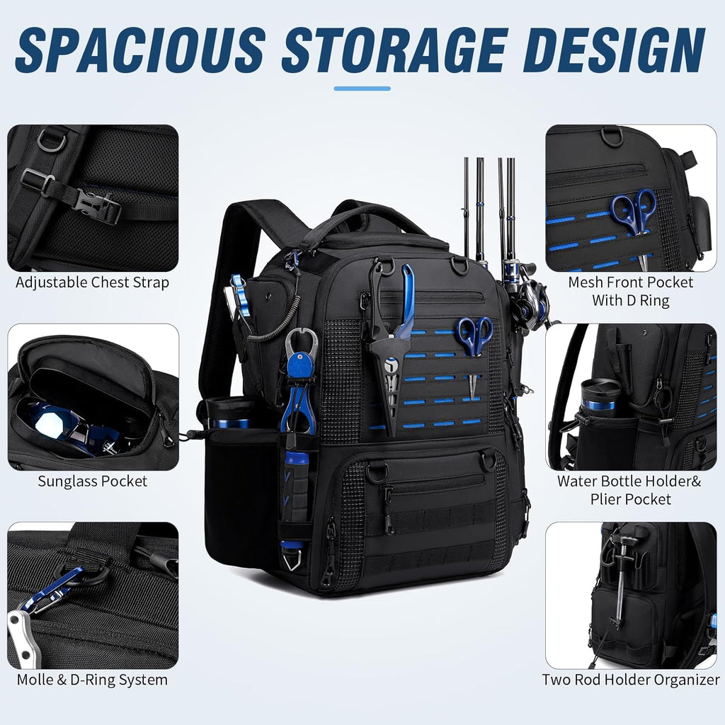 Fishing Tackle Backpack with Tackle Boxes, Two Rod Holders, Bottle Holder, 50L Waterproof Tackle Bag for Fishing