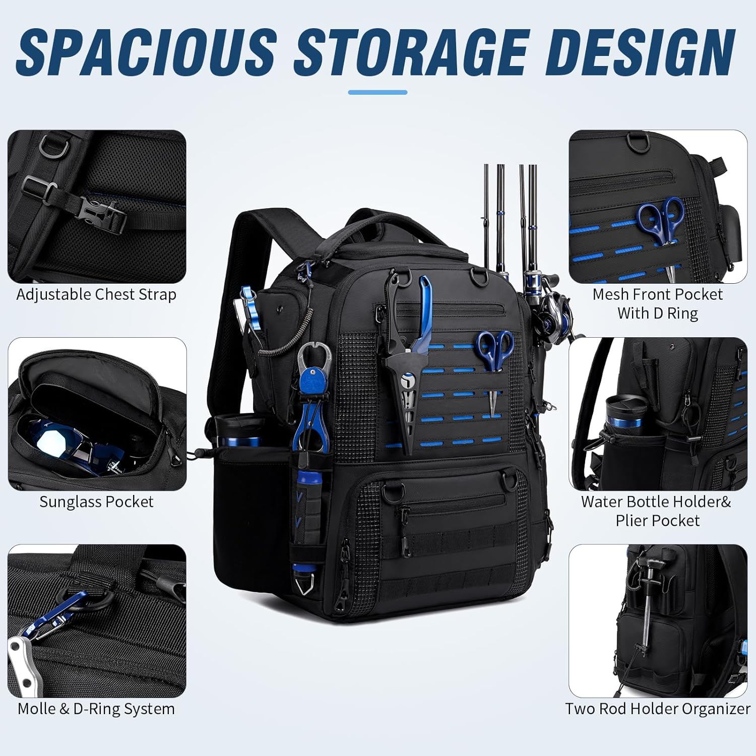 Fishing Tackle Backpack with Tackle Boxes, Two Rod Holders, Bottle Holder, 50L Waterproof Tackle Bag for Fishing