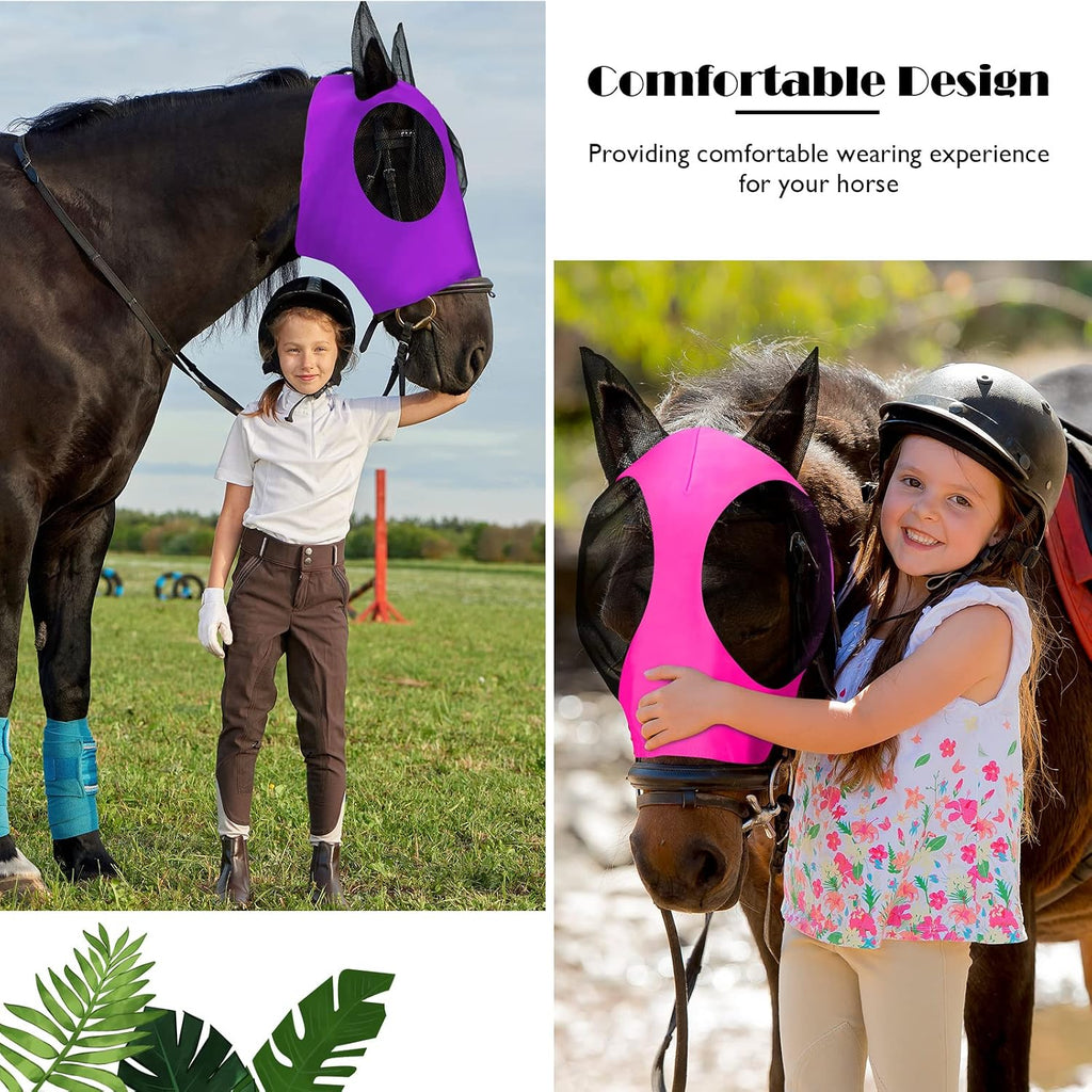 2 Pcs Mesh Horse Fly Mask with Ears, L, Purple, Pink