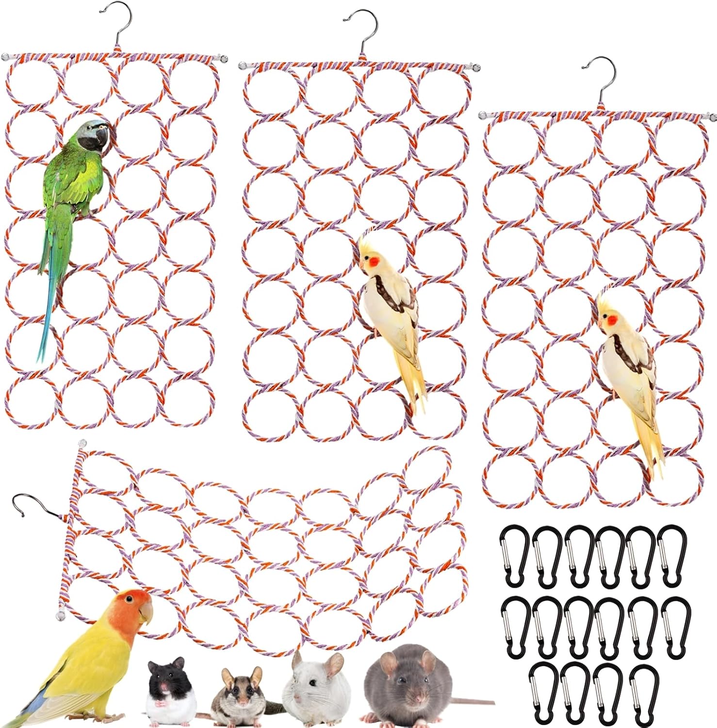 4 Pack Parrot Bird Swing Hanging Toys, Rat Climbing Ladder Rope Perch, Net Toy for Cage, Mouse, Mice, Parakeets