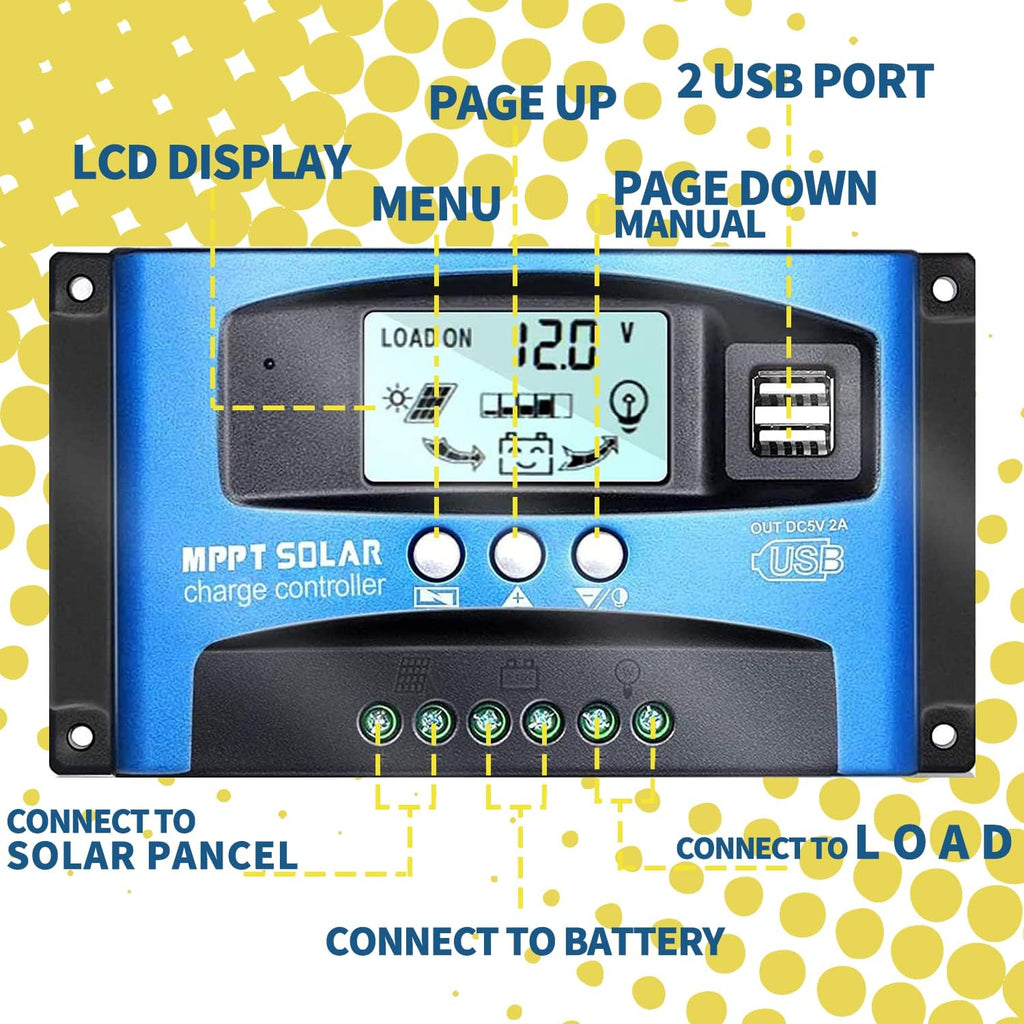 EpRec MPPT 100A 12V/24V Auto Focus Tracking Solar Panel Charge Controller Regulator with Dual USB Port,LCD Display