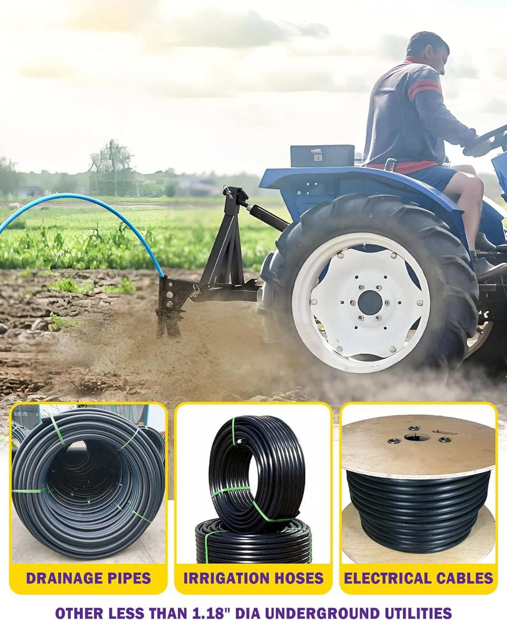 Pipe Layer Attachment Fits Hitch Mounted Ripper Trencher Accessories, Flexible Pipe Layer Fits Any 3-Point Ripper
