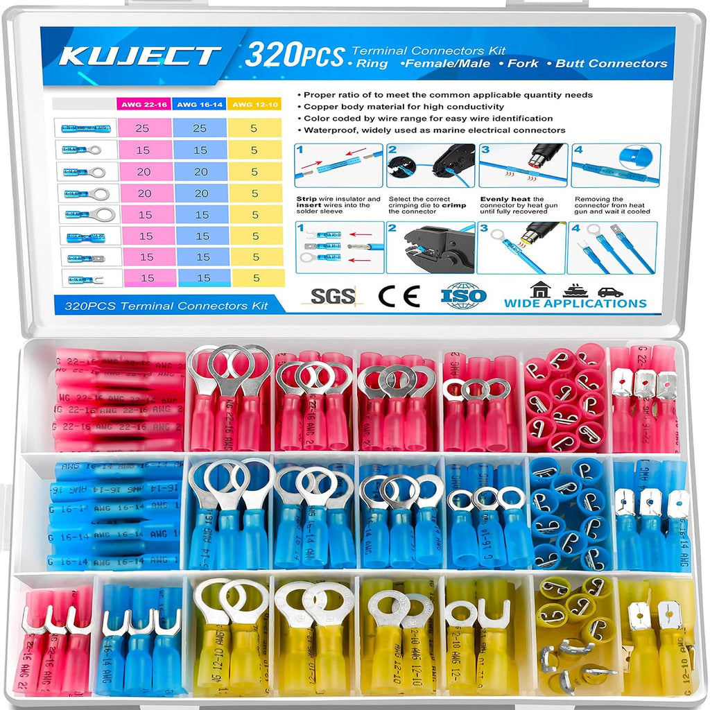 320PCS Heat Shrink Wire Connectors Kit, Electrical Waterproof Crimp Butt Terminals, Insulated Spade Connectors for