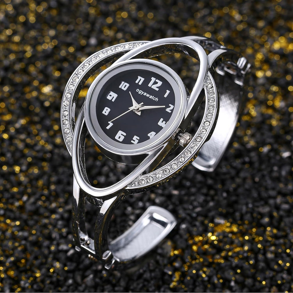 Bracelet Watches for Women: Stainless Steel Chunky Cuff Wrisrwatch - Analog Quartz Arabic Numerals Dial with Zircon