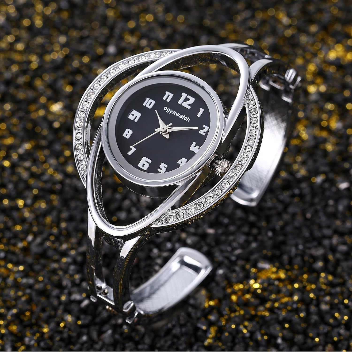 Bracelet Watches for Women: Stainless Steel Chunky Cuff Wrisrwatch - Analog Quartz Arabic Numerals Dial with Zircon