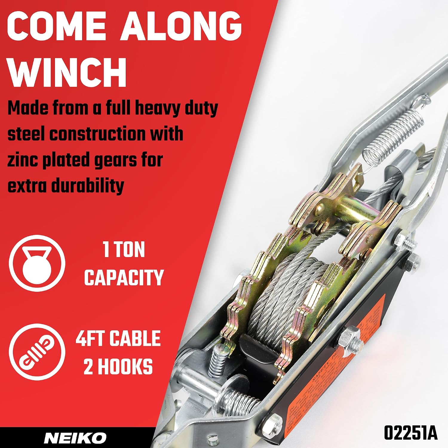 02251A Come Along Winch, 1-Ton (2,000 lbs) Pulling Capacity, 5.9Ft, 2 hook, Heavy Duty Power Cable Come Along Tool