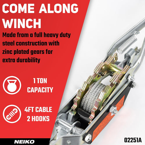 02251A Come Along Winch, 1-Ton (2,000 lbs) Pulling Capacity, 5.9Ft, 2 hook, Heavy Duty Power Cable Come Along Tool