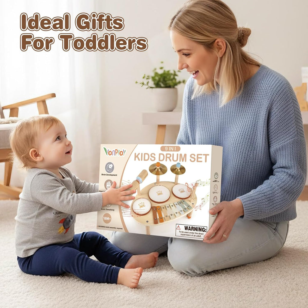 Drum Set for Toddler - Toys for 2 3 4 Year Old Girls Boy Gifts - 9 in 1 Wooden Montessori Musical Instruments with