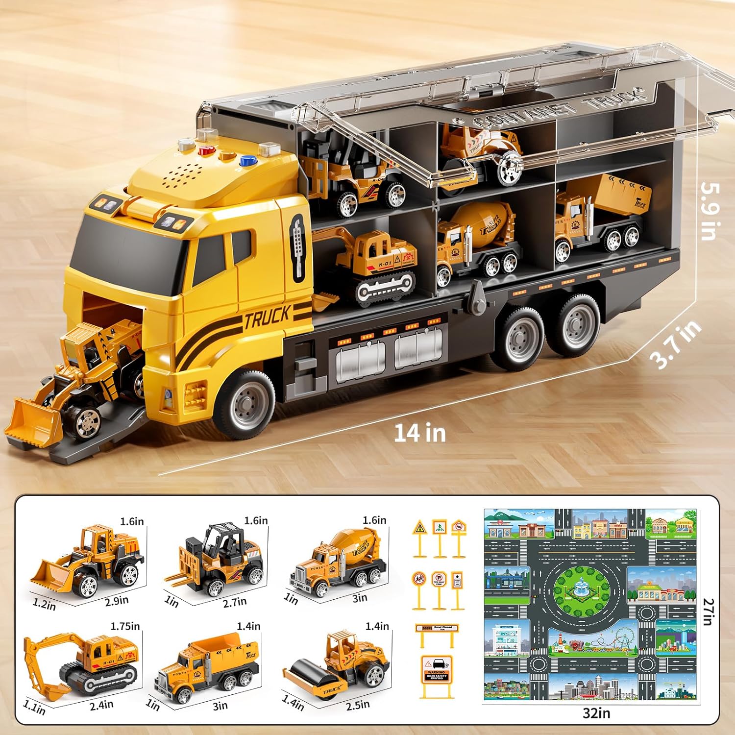 Toddler Boys Construction Truck Vehicle Toy Set with Play Mat and Die-Cast Toy Car, Transport Carrier Truck for Kids
