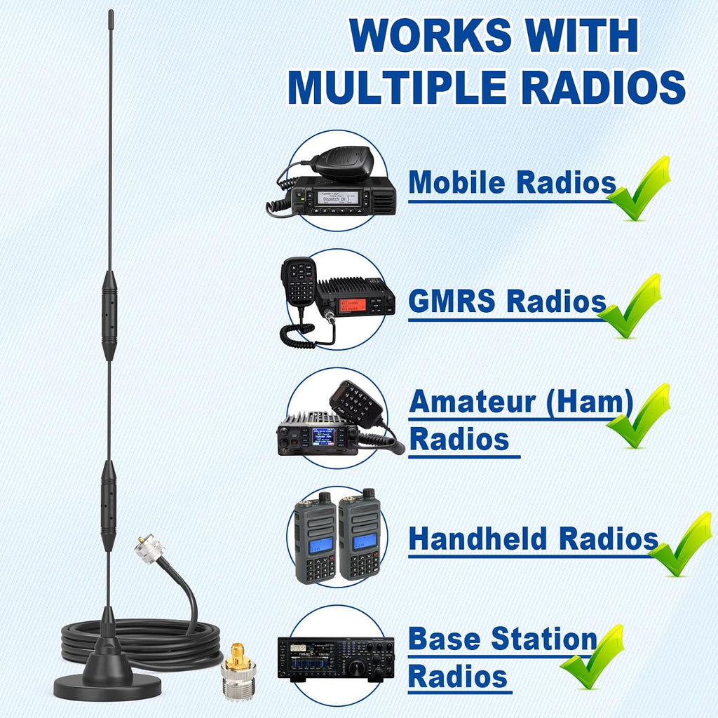 Car Mobile Ham Radio Antenna, Dual Band UHF VHF PL259 Antenna | 136-174/400-480MHz, Magnetic Base Antenna with SMA