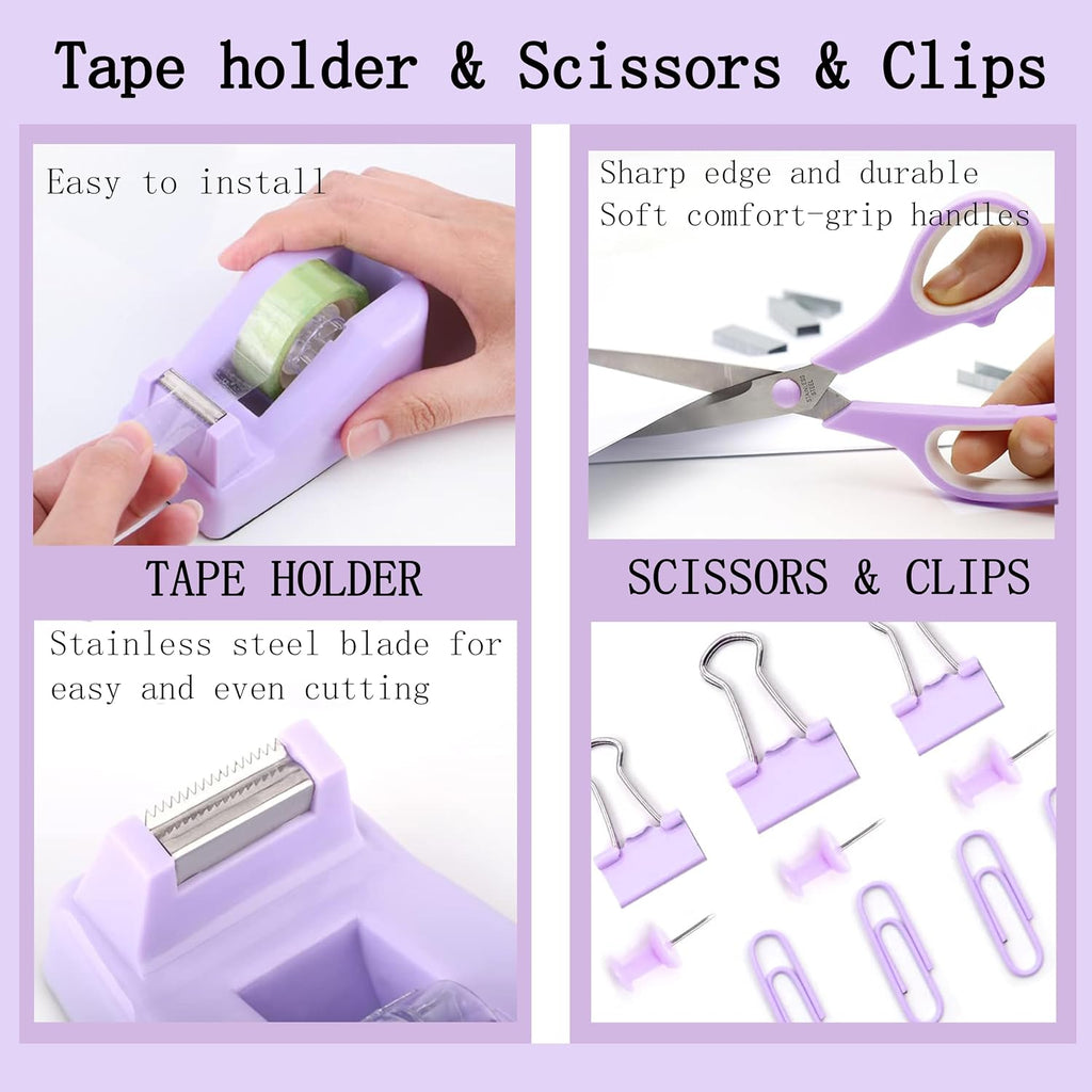 Purple Office Desk Accessories Supplies, 12pcs Desk Organizers and Accessories with Tape dispenser and