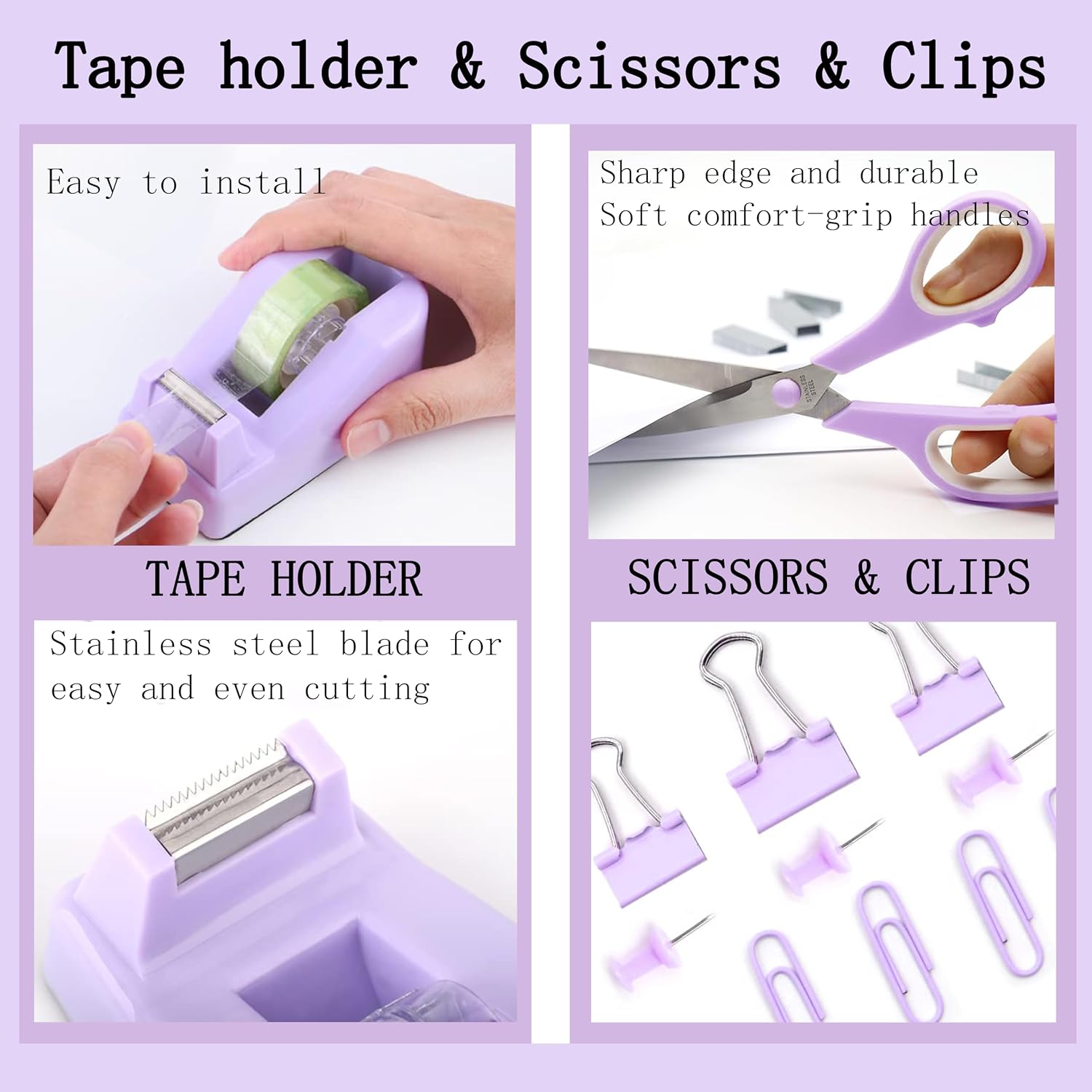 Purple Office Desk Accessories Supplies, 12pcs Desk Organizers and Accessories with Tape dispenser and