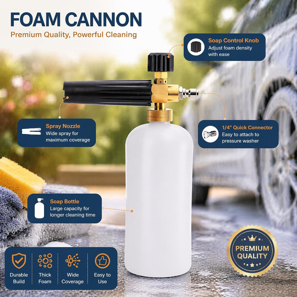 Foam Cannon, Car Wash Pressure Washer Jet Wash 1/4" Quick Connector Adjustable Snow Foam Lance Foam Blaster, 1 Liter