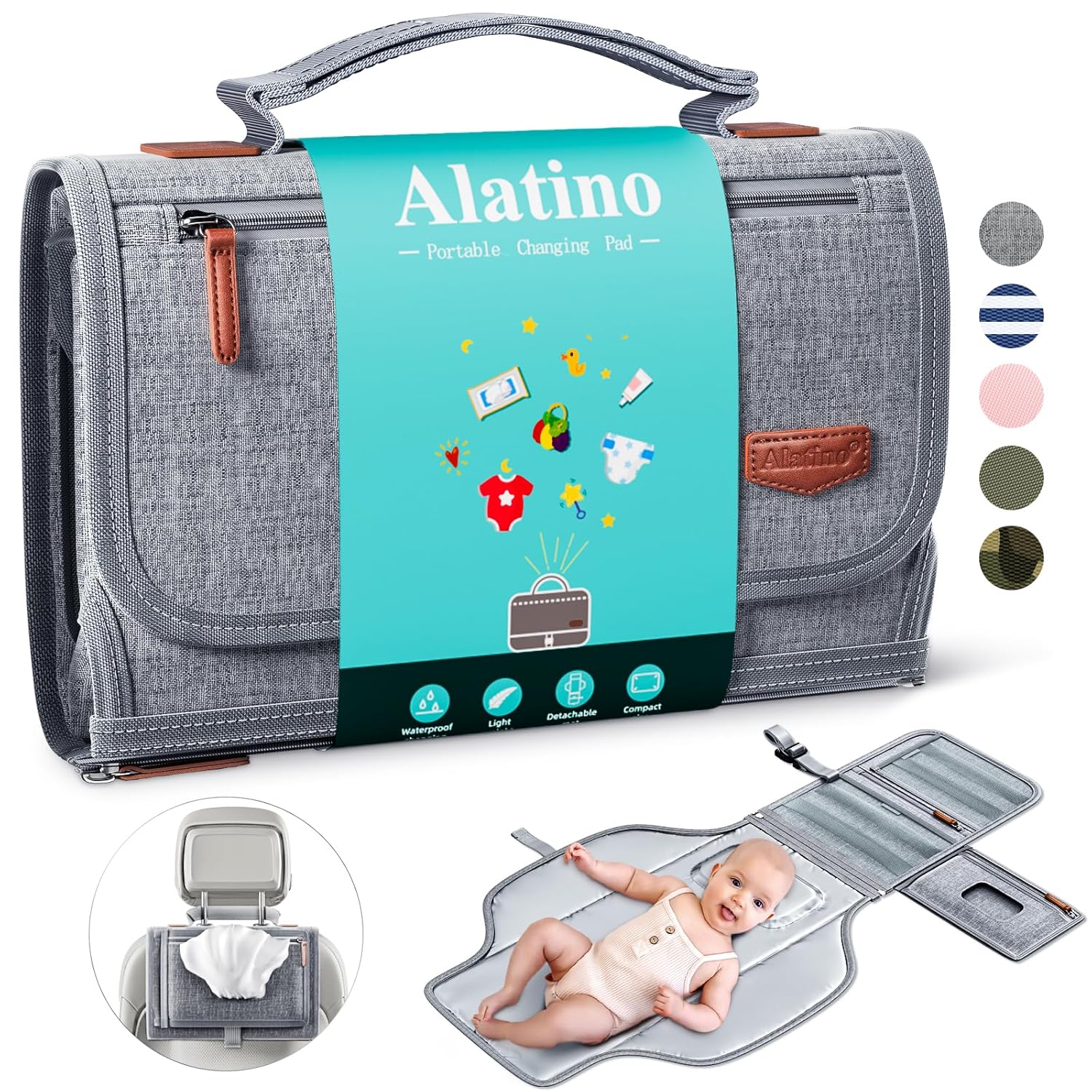 Portable Diaper Changing Pad for Baby, Detachable Travel Changing Pad with Baby Wipes Pocket, Gifts for Baby Shower