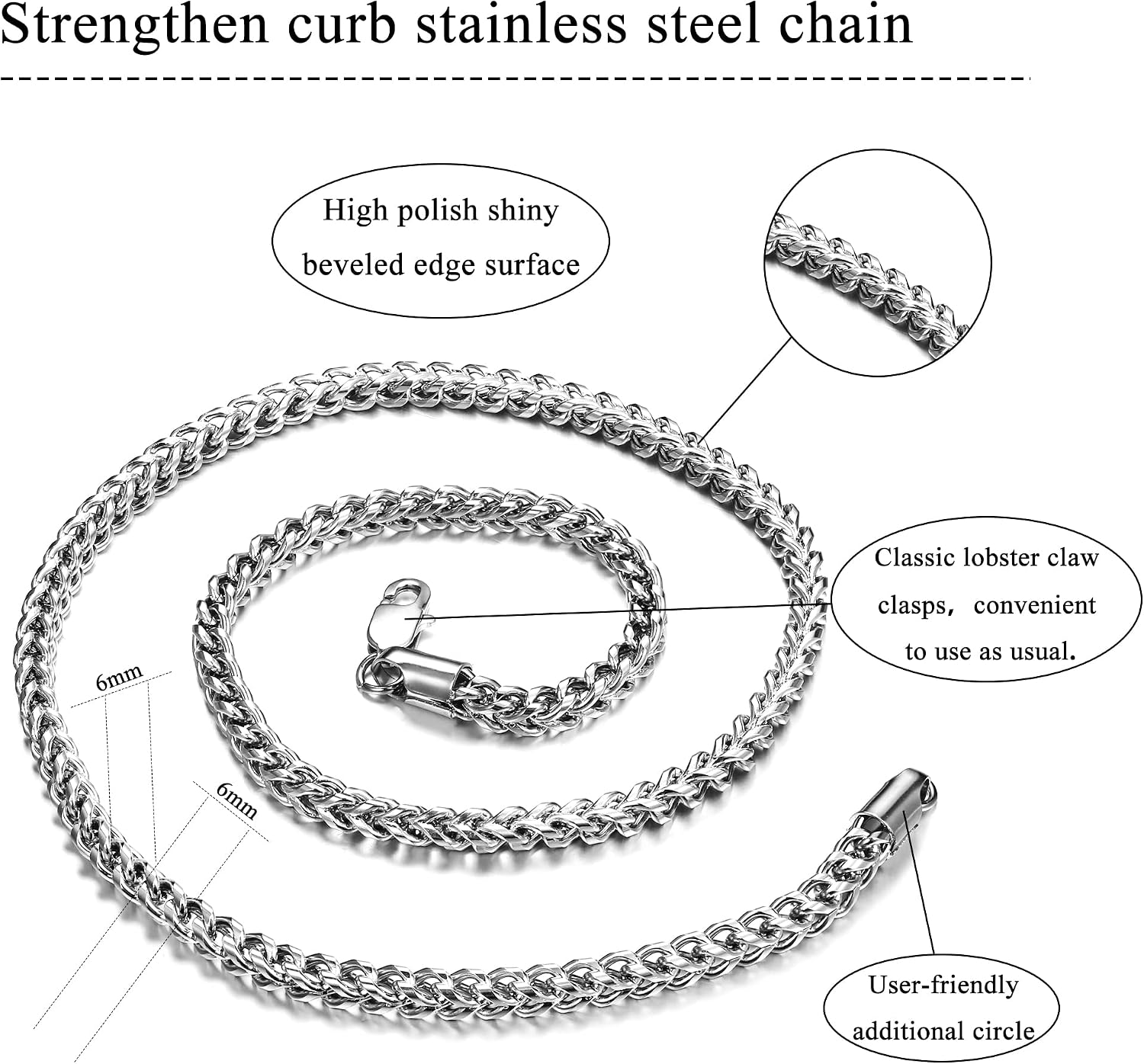 Stainless Steel Wheat Chain Necklace for Men Necklace Bracelet Jewelry Set 5mm in Width, 22" 8.5"