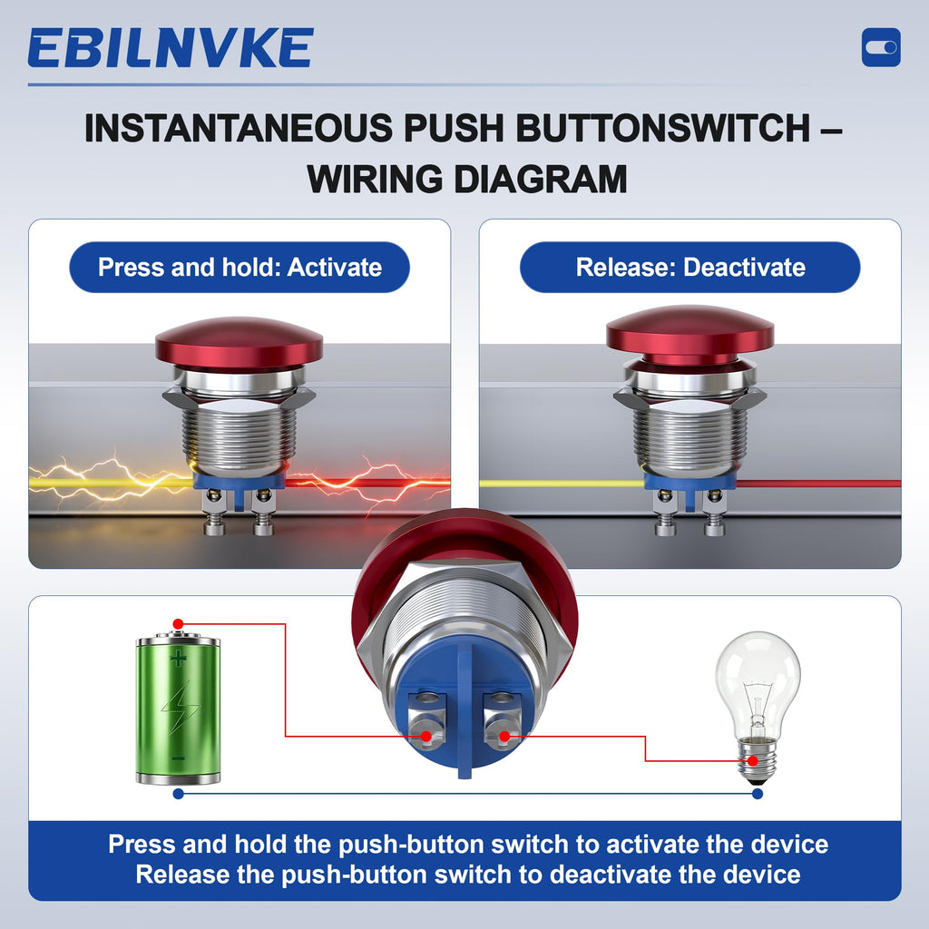 EBILNVKE 22mm Mushroom Head Momentary Push Button Switch, SPST 1NO