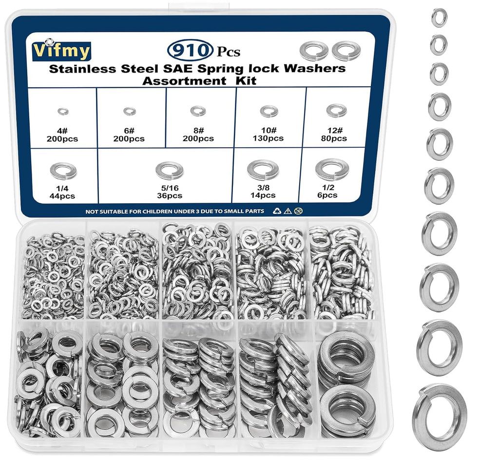 SAE Split Spring Lock Washer Assortment Kit #4-1/2 304 SS 910Pcs