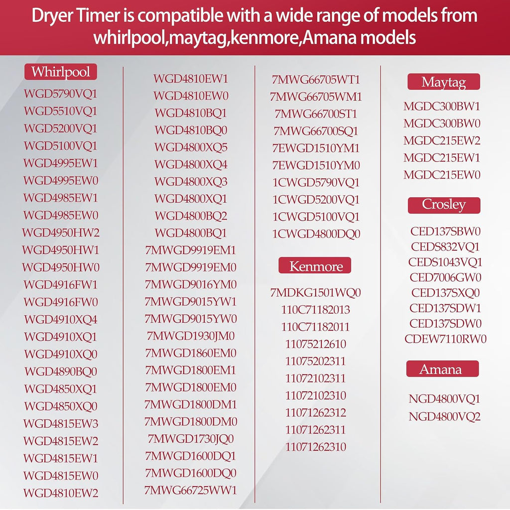 Dryer Timer Replace WGD4815EW1 WGD4950HW0 WGD4800XQ1 WGD4815EW3 WGD4815EW0 WGD4910XQ1 MGDC215EW0 MGDC215EW1 MGDC300BW0 WGD4800BQ1 WGD4916FW1 7MWGD9919EM0 WGD4850XQ1 7MWGD1730JQ0 WGD4850XQ0