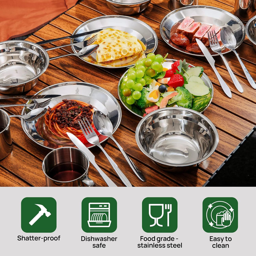 29pcs Stainless Steel Utensils Camping Mess Kits for 4 Person | with Bowls Plates Cups Forks Spoons and Knives