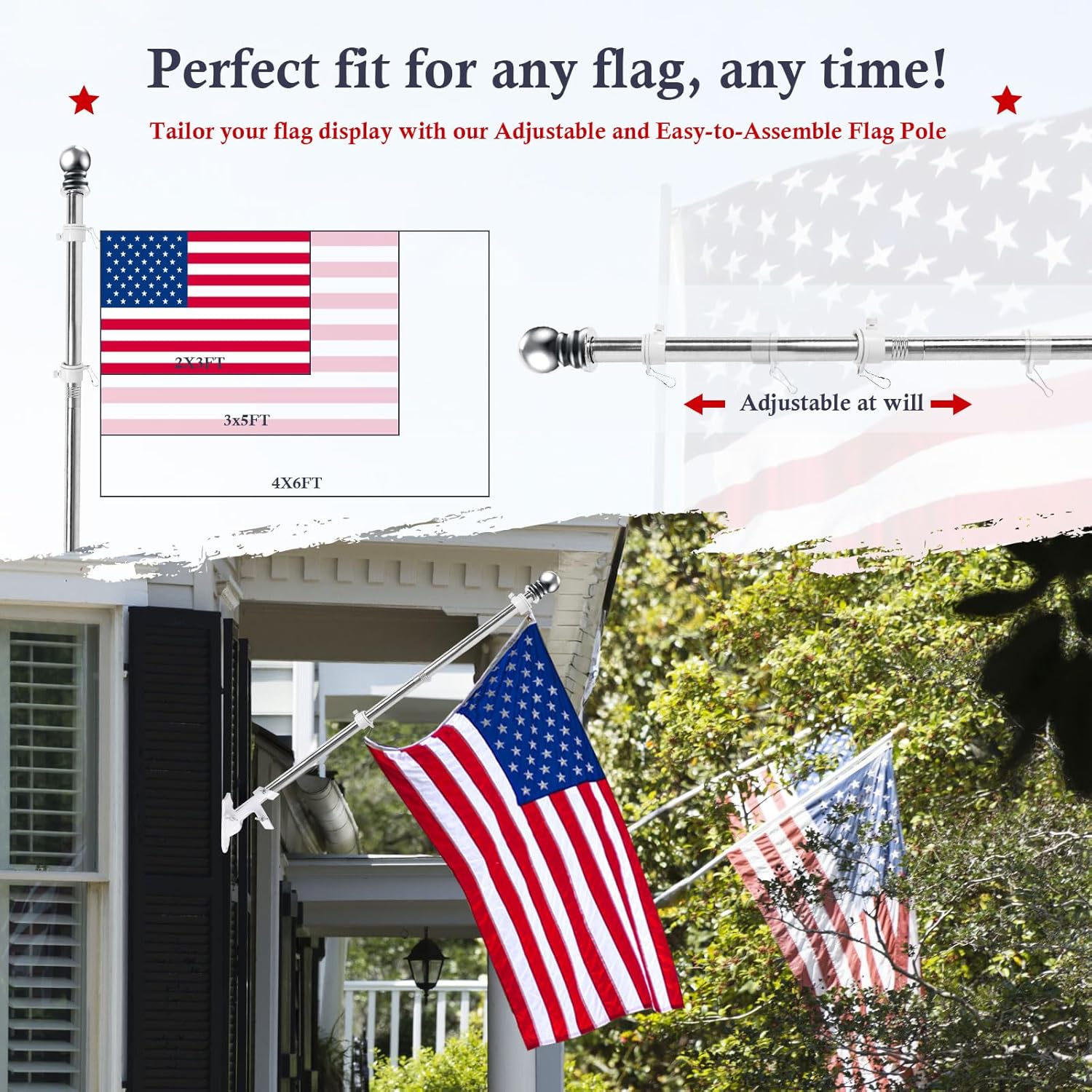 Flag Pole Kit 5ft Flag Pole for Outside House, Flag Poles with Tangle Free Flag Pole Rings for 3x5 American Flag