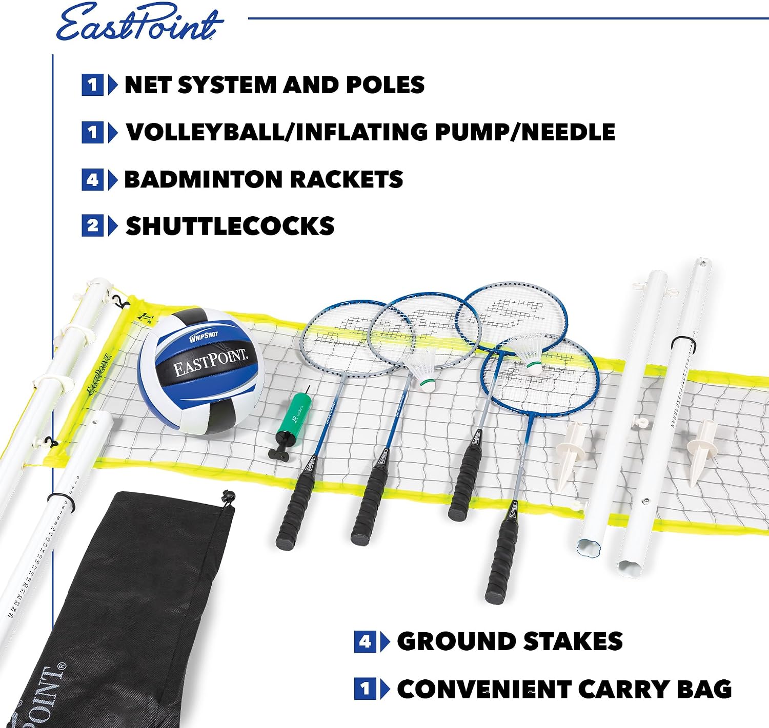 EastPoint Outdoor Games, Volleyball Net & Badminton Set, 4 Rackets, Black | 2-In-1 Volleyball & Badminton, Easy