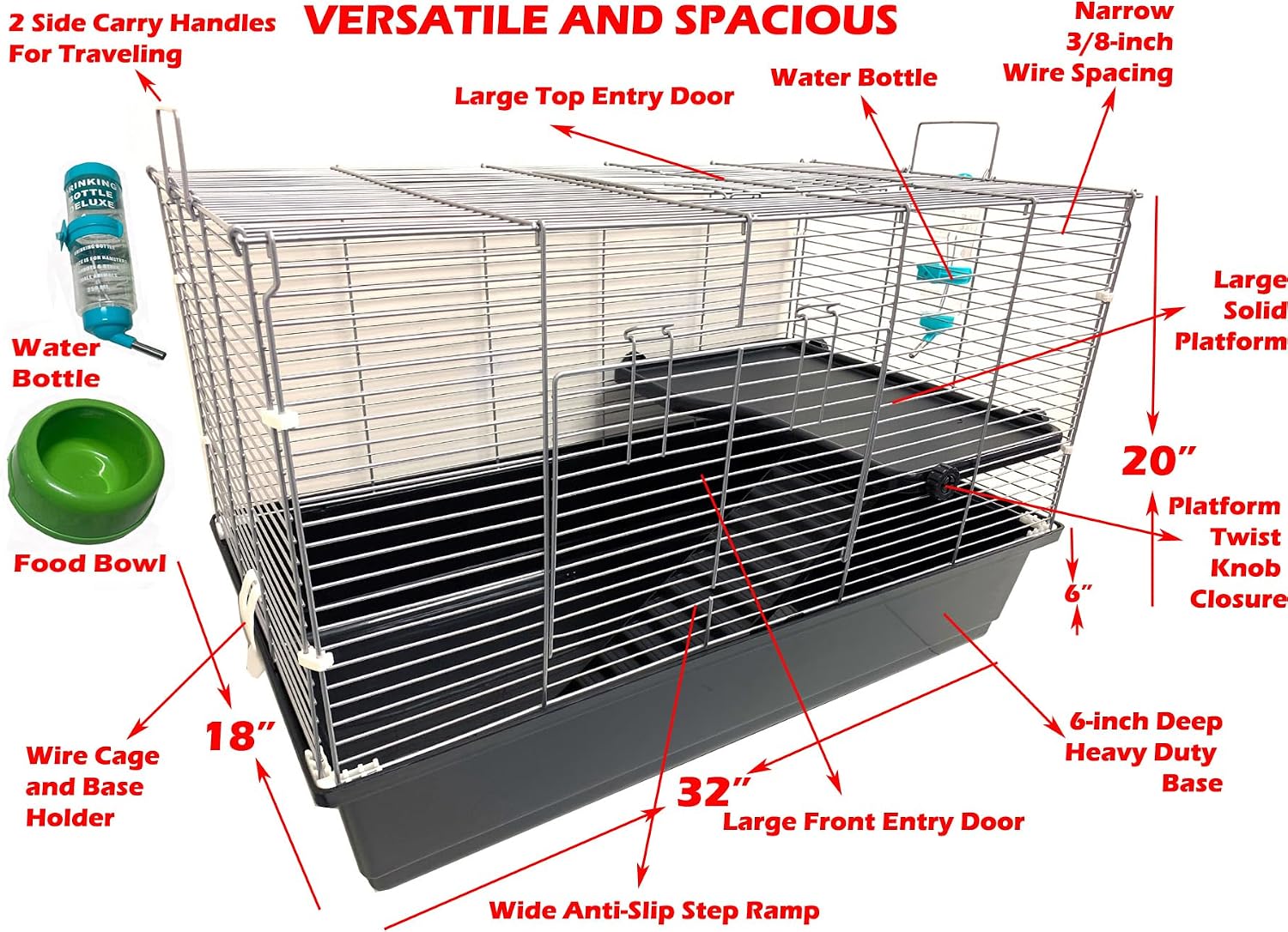 Large Pet Products Universal 2-Level Small Animals Home Critters Habitat Cage Narrow 3/8-inch Wire Spacing for Wide