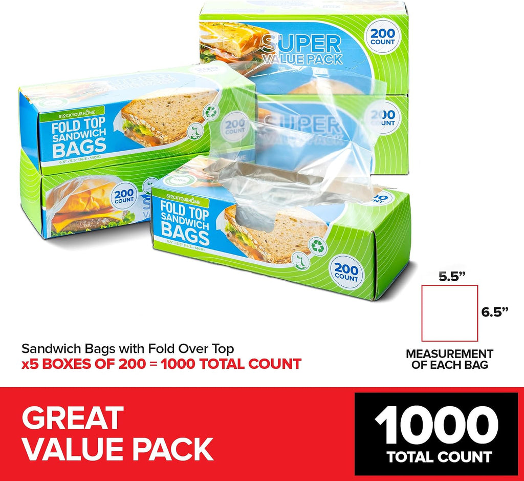 1000 Count Clear Fold Top Sandwich Bags, Bulk Disposable Plastic Bags with Fold Over Closure for Restaurants
