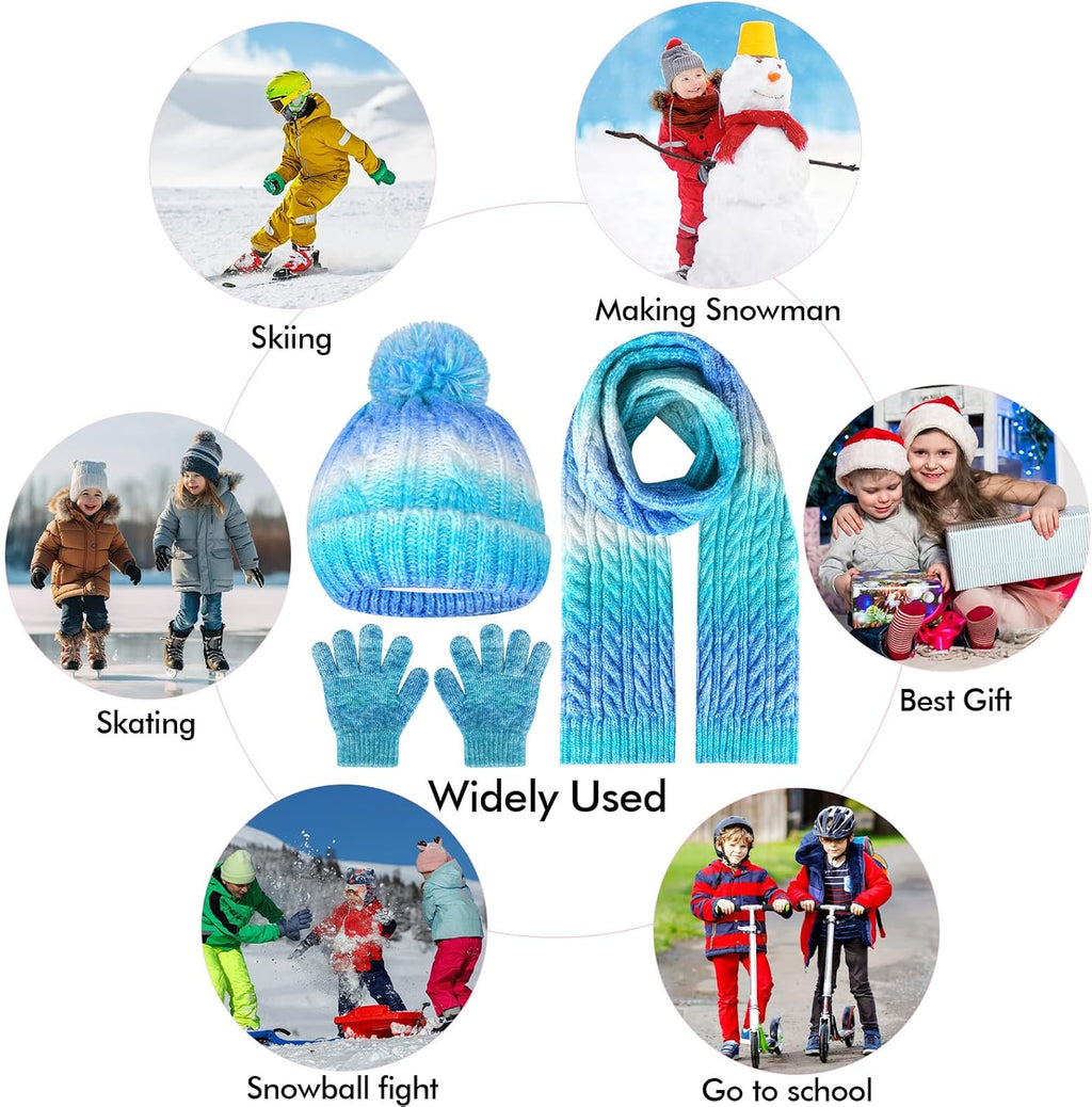 Kids Winter Hat Scarf Gloves Set, Kids Beanie Hat Long Scarf Mittens with Warm Fleece Lining for Boys Girls 3-10