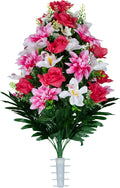 Artificial Cemetery Flowers - Gravesite Flowers - Pink Roses with White Orchids and Pink Dahlias - (1) Bouquet