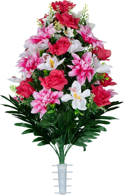 Artificial Cemetery Flowers - Gravesite Flowers - Pink Roses with White Orchids and Pink Dahlias - (1) Bouquet