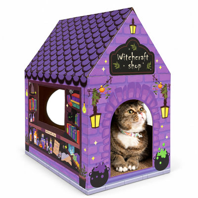 Cardboard Cat House with Scratcher, Indoor Cat Condo Cat Cave Hideout with Scratch Pad, Cardboard Cat Playhouse Bed