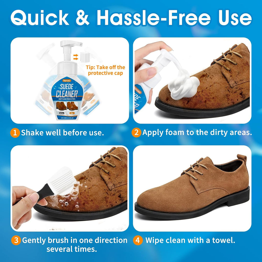 Suede Shoe Cleaner, Suede & Nubuck Cleaner Removes Dirt and Stains, No-Rinse Foam Suede Cleaner Kit for Suede, Nubuck