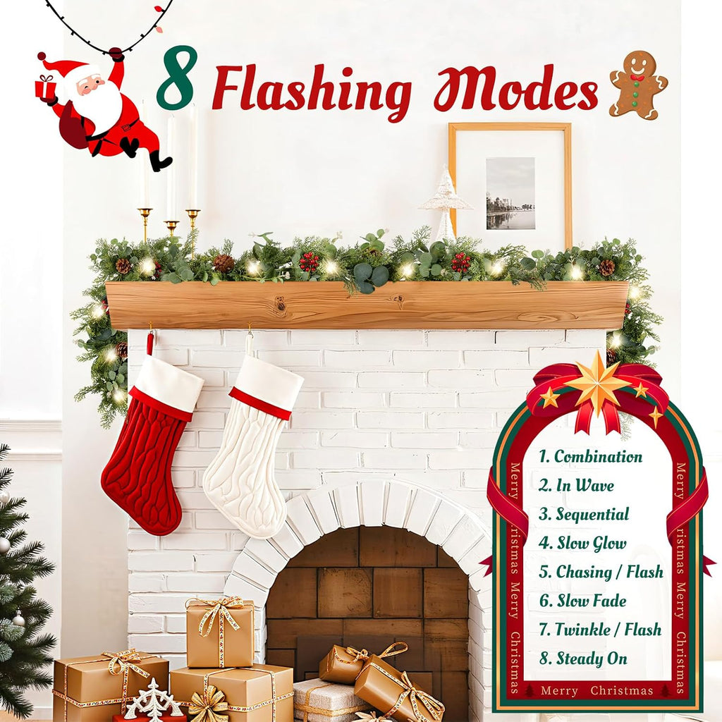 6ft Christmas Garland, Norfolk Pine Lighted Garland with Berries & Pinecones, Real Touch Greenery Wreath for