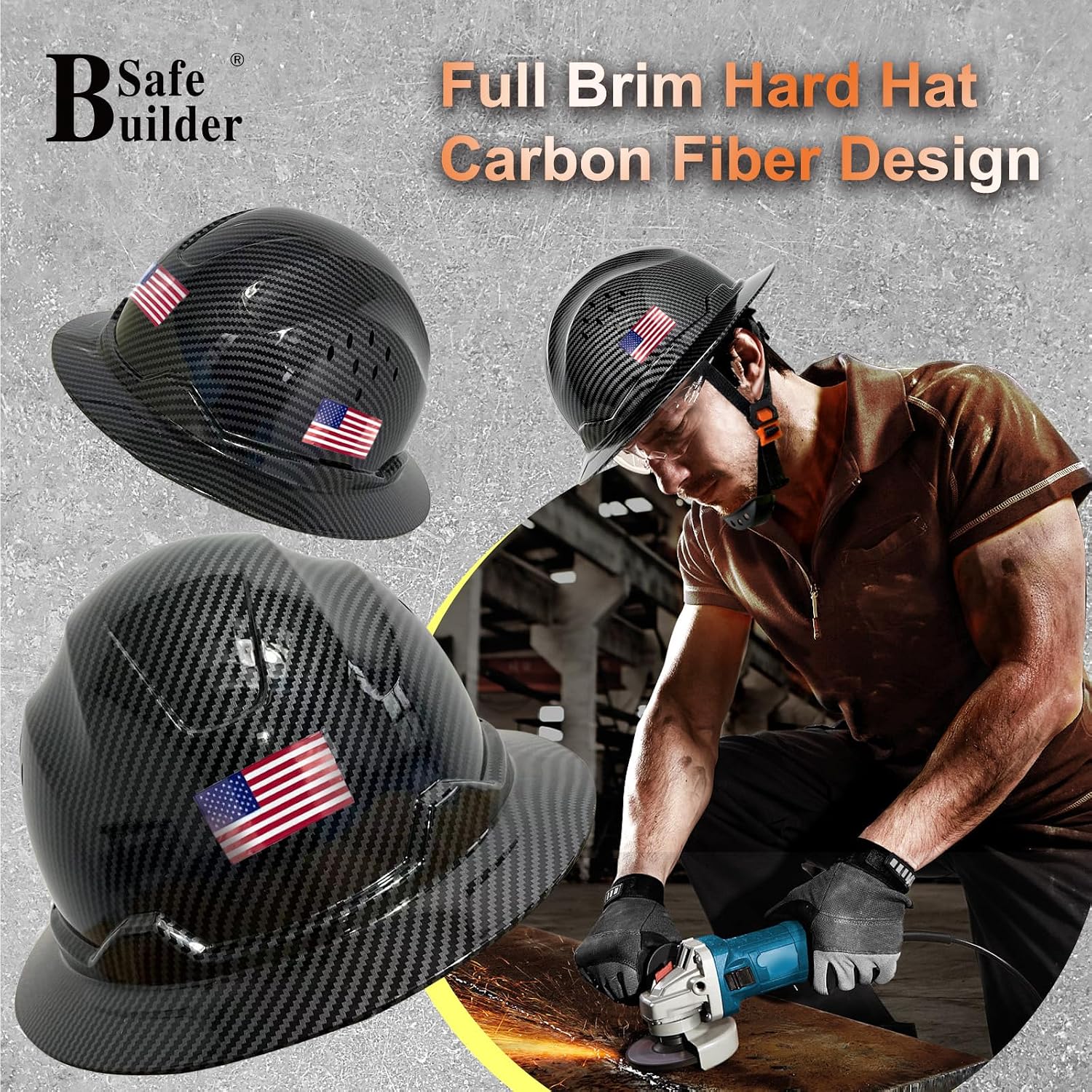 SBD-G1C Construction Full Brim Safety Helmet HDPE Hard Hat Vented Hardhats Sunshade Carbon Fiber Pattern Industrial