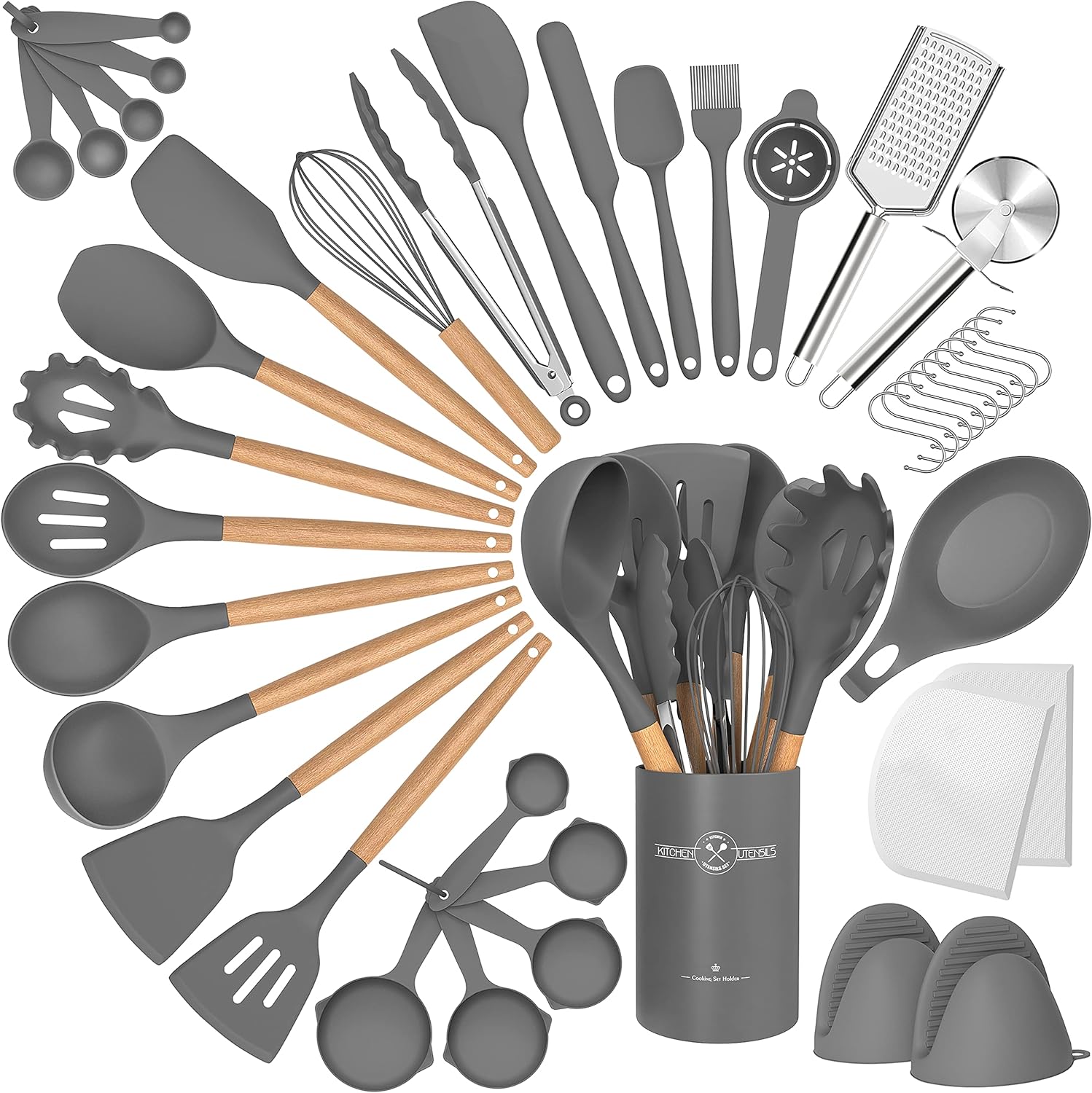 Silicone Cooking Utensils Set, 43Pcs Non-Stick Heat Resistant Kitchen Utensils Spatula Set with Wooden Handle for