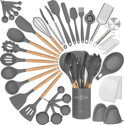 Silicone Cooking Utensils Set, 43Pcs Non-Stick Heat Resistant Kitchen Utensils Spatula Set with Wooden Handle for
