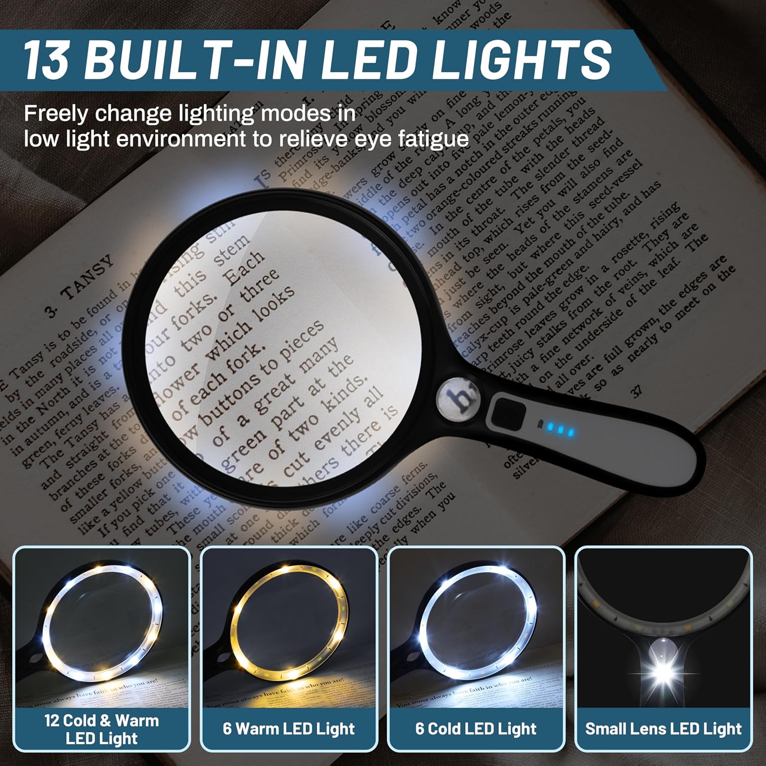 Large Magnifying Glass with Light: 10X 30X 5IN Lighted Handheld Magnifier with 13 LED Lights 3 Modes, 1150mAh