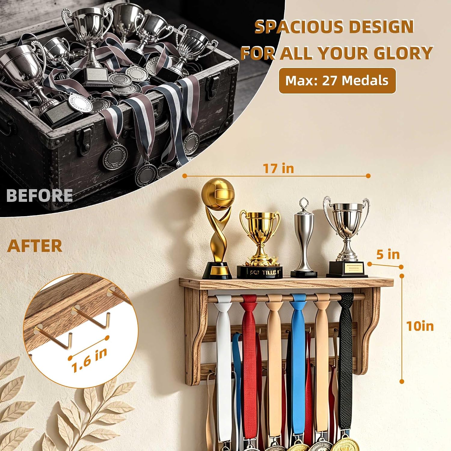 Medal Hanger Display, Large Capacity Trophy and Medal Display Shelf | Natural Solid Wood, Anti-Slip Groove, Widening