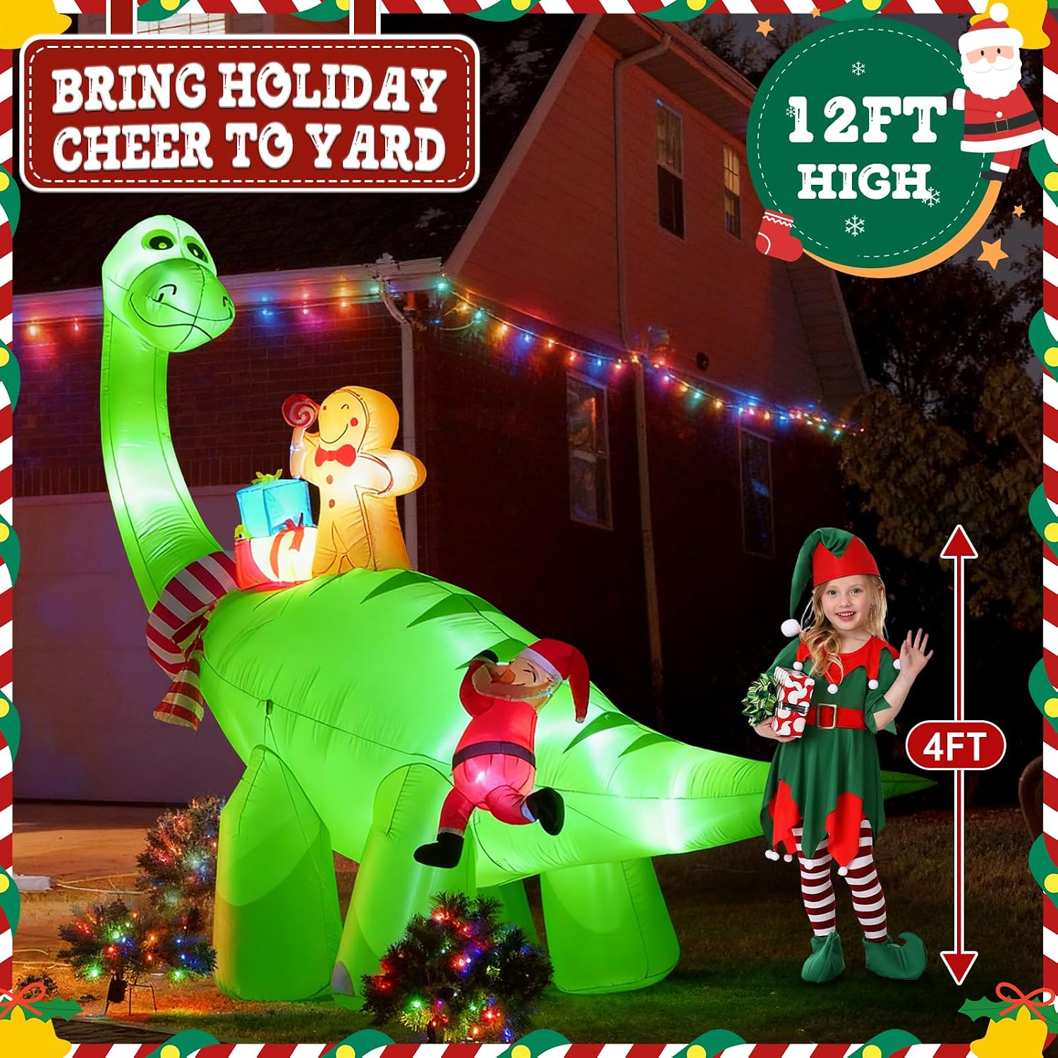 12FT Inflatable Dinosaur Santa Claus with Bright LED Lights for Yard | Giant blow up Christmas decorations, Outdoor