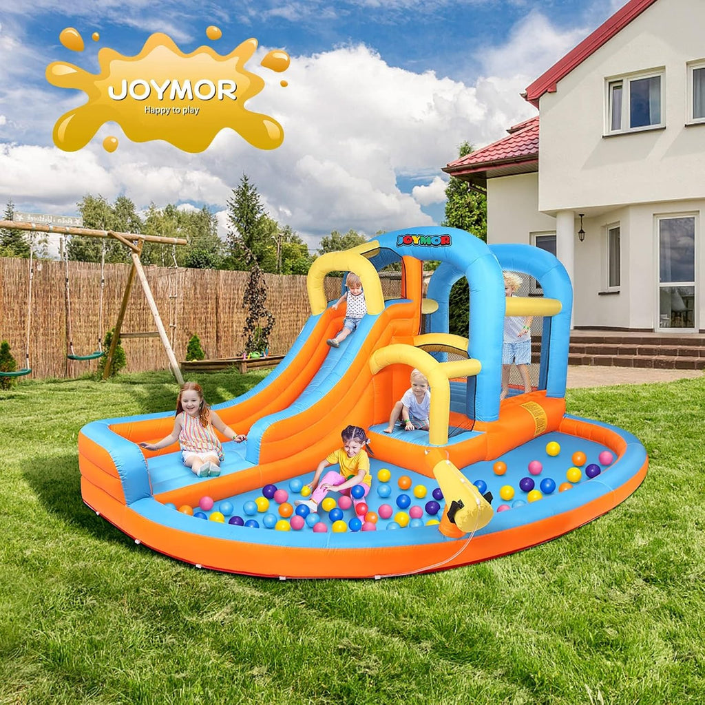 5-in-1 Inflatable Water Slide Park, Water Bounce House w/Air Blower, Climbing Wall, Double Jump Area, Splash Pool